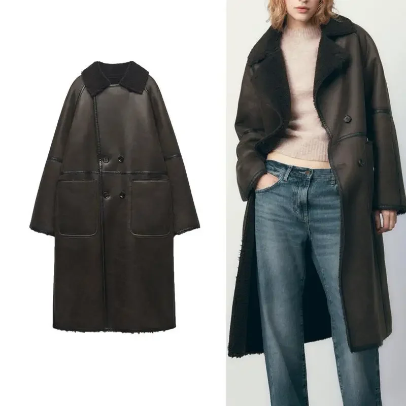 

Осенне-зимнее Новое толстое теплое меховое двустороннее флисовое пальто Za из овечьей шерсти средней длины