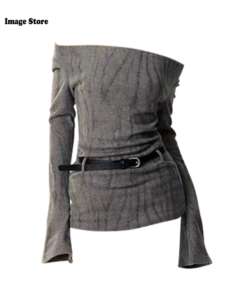 Женская футболка с длинным рукавом воротником-лодочкой