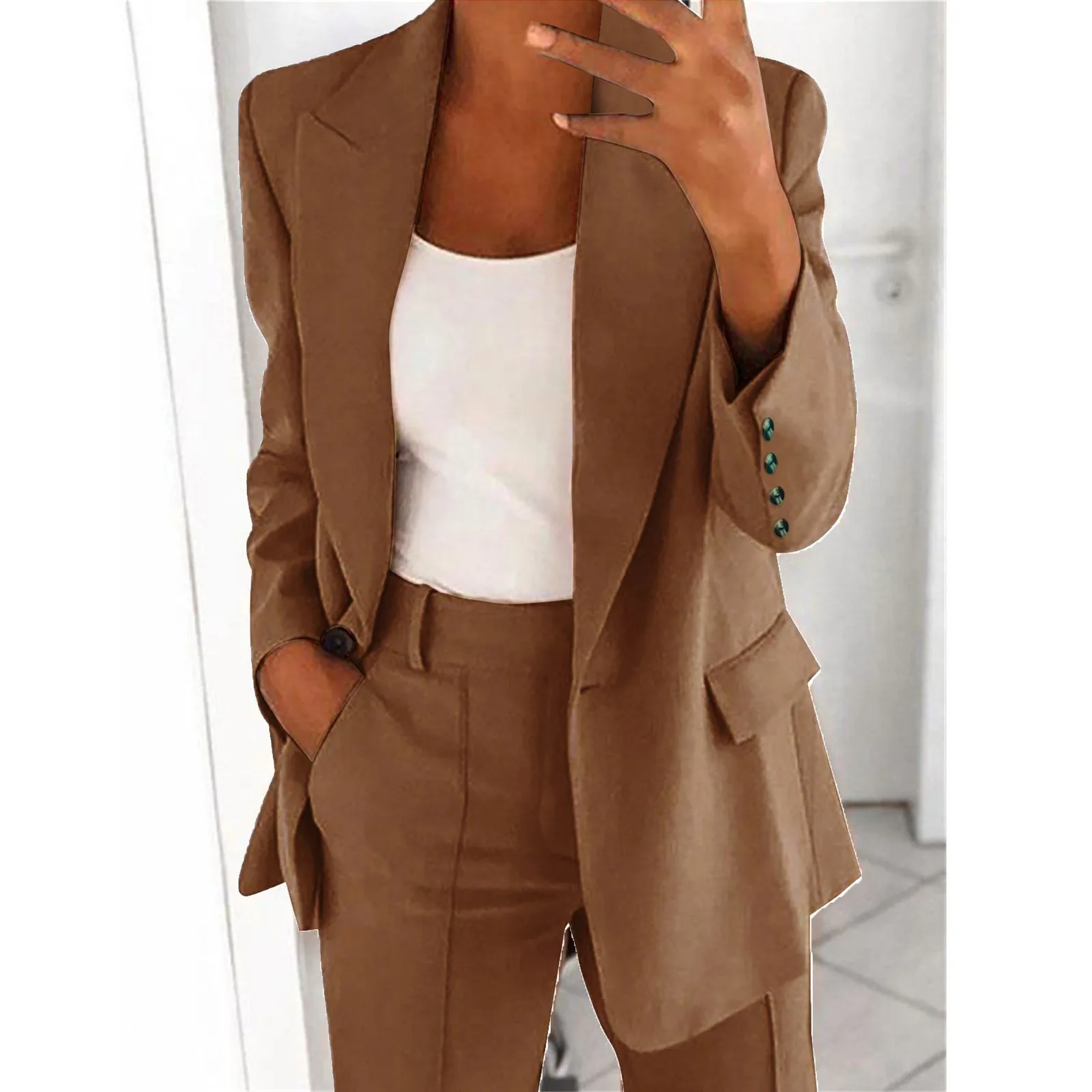 

Women's Elegant Solid Color Fitted Business Suit Jacket Spring And Autumn Versatile Thin Long Sleeve Suit Jacket With Pockets