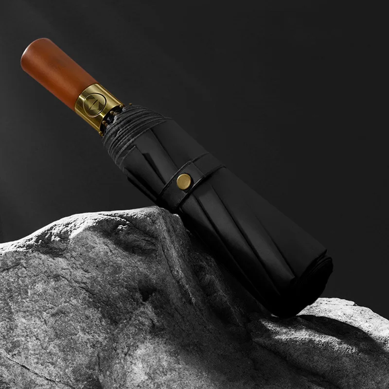 

Solid Wood Handle Three-fold Rain or Shine Dual-use Multi-functional Automatic Folding Umbrella Automatic Opening and Closing