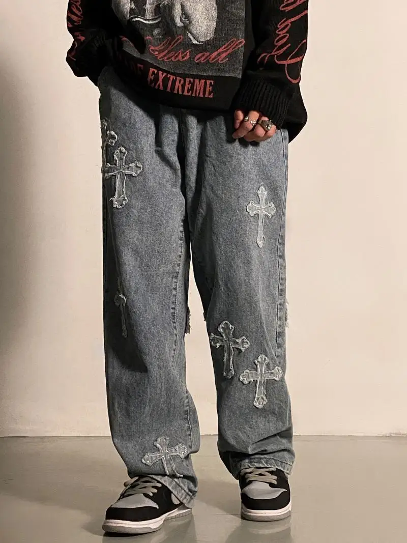 High Street Cross Patch Hip Hop Mens Jeans Trendy Brand Rascal Street Straight Tube Loose Wide Leg Long Denim Pants for Men
