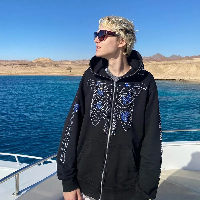 

Women Zip Hoodie Rhinestone skeleton goth Sweatshirt Sport Coat Pullover Gothic Long Sleeve Oversized hoodie Y2k jacket hoodies