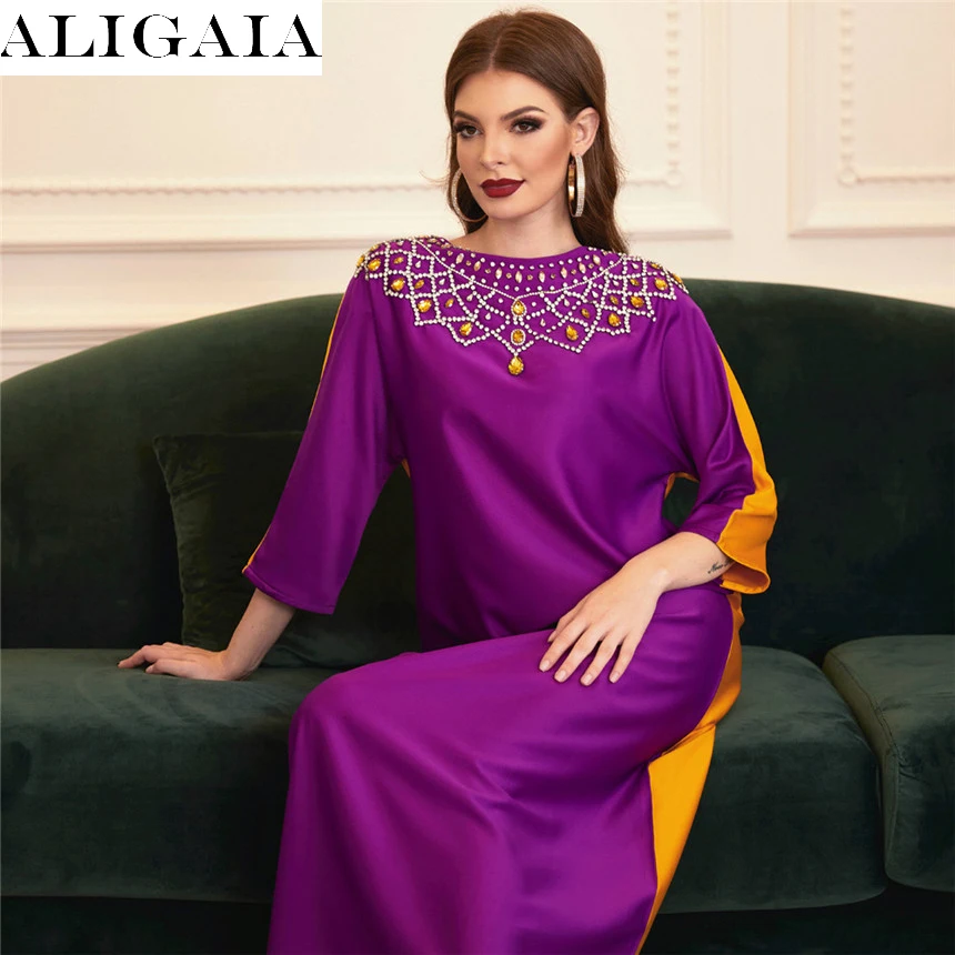 

Aligaia Double-sided Contrast Color Fashion Hand Stitch Diamond Midi Dress High-end Ethnic Arabic Dubai Noble Homewear Satin
