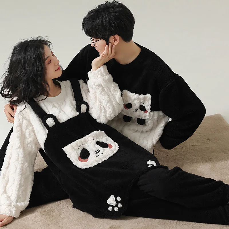 

2023 Women Couple Pajamas 2 Piece Set Panda Cartoon Home Clothing Suit Sleepwear Thick Men Suit for Female Male Patchwork