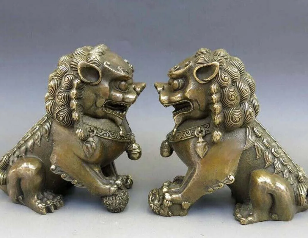 Китайская антикварная бронза Feng Shui Fu Foo Dog Статуя льва Дверной бог пара львов
