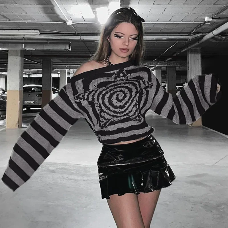 Y2k матовый черный модный вязаный свитер с цветными блоками пентаграммы в