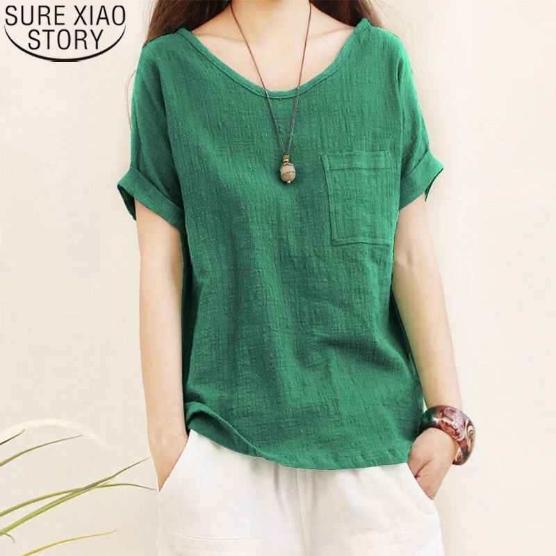 Однотонная рубашка зеленая Свободная блузка из хлопка и льна летние рубашки 2022
