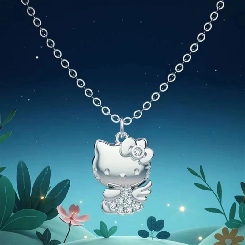 

Kawaii Sanrio HelloKitty Necklace Cute Cartoon Hollow Silver Plated Clavicle Chain Diamond Jewelry Girl Anime Couple Accessories