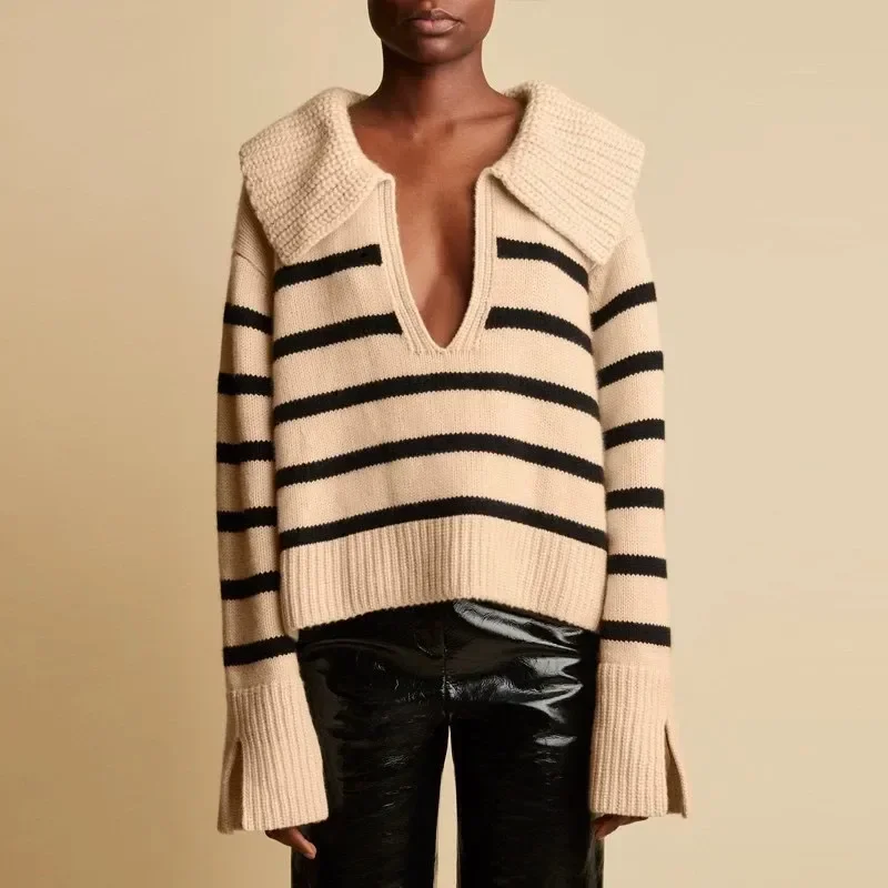 

Striped Sweater Women's New Wool Knit Large Lapel Top Y2k Clothes Winter Oversized Sweaters Goth Loose Pullover Tops