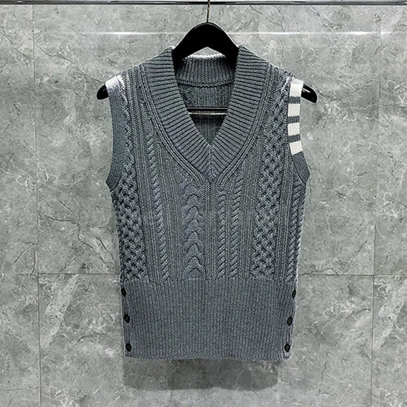 

TB Sweater Vest for Men Knitting V-neck Pullover Sweater Autumn Winter Retro Twist Casual Sleeveless Tops Quality Wool Sweaters