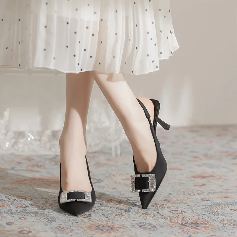 

Sandals Women's Summer New Water Diamond Square Buckle Black Silk Material Temperament High Heels Commuter OL Single Shoes