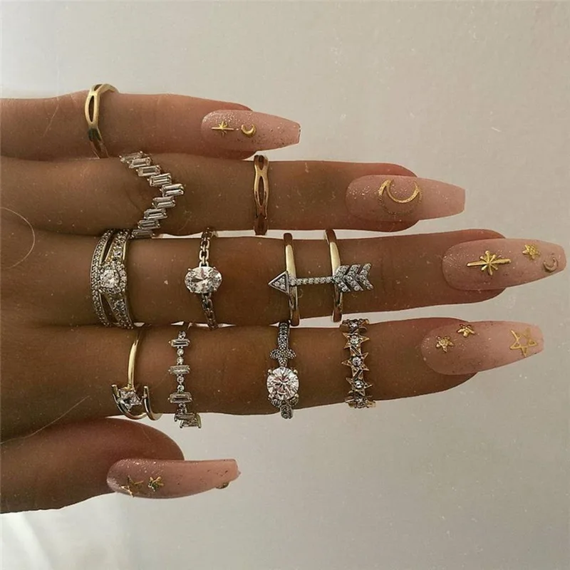 

10pcs Vintage Egyptian style Exquisite Zircon Arrow Gold Color Ring Set for Women Bohemia Retro Geometric Butterfly Chain Rings