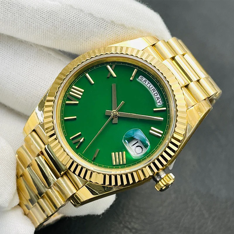 

Роскошные мужские и женские часы с двойным календарем автоматические механические Спортивные Водонепроницаемые золотистые зеленые римские часы с датой