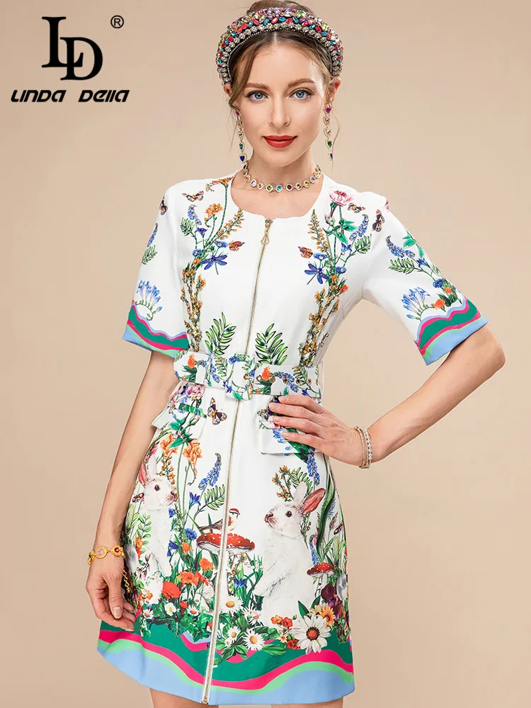 

LD LINDA DELLA 2023 New Fashion Runway Summer Mini Dress Women Short sleeve Belted Beading Flower Print Slim Short Dress