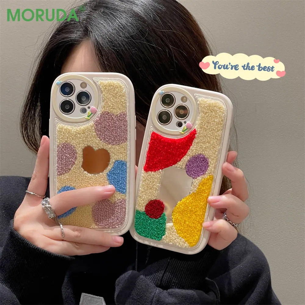 

ins Winter Plush Mirror Phone Case for IPhone 14 Pro Max 13 12 11 Pro Max 14 Plus 13 Stitching Hearts Abstract Embroidery Cover