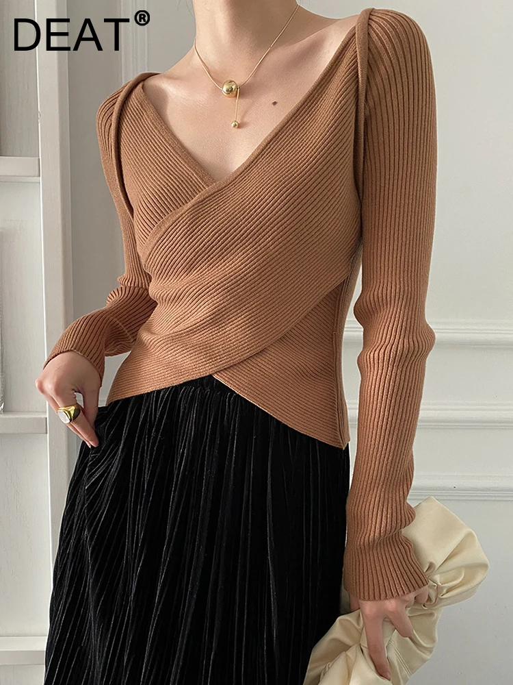 

Женский вязаный пуловер DEAT, однотонный облегающий свитер с V-образным вырезом и длинным рукавом, осень 2023