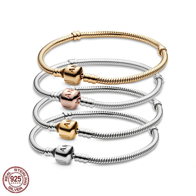 

Совершенно новый женский браслет из серебра и розового золота для оригинальных шармов Pandora, бусины для поделок, подарок для девушек, ювелирн...