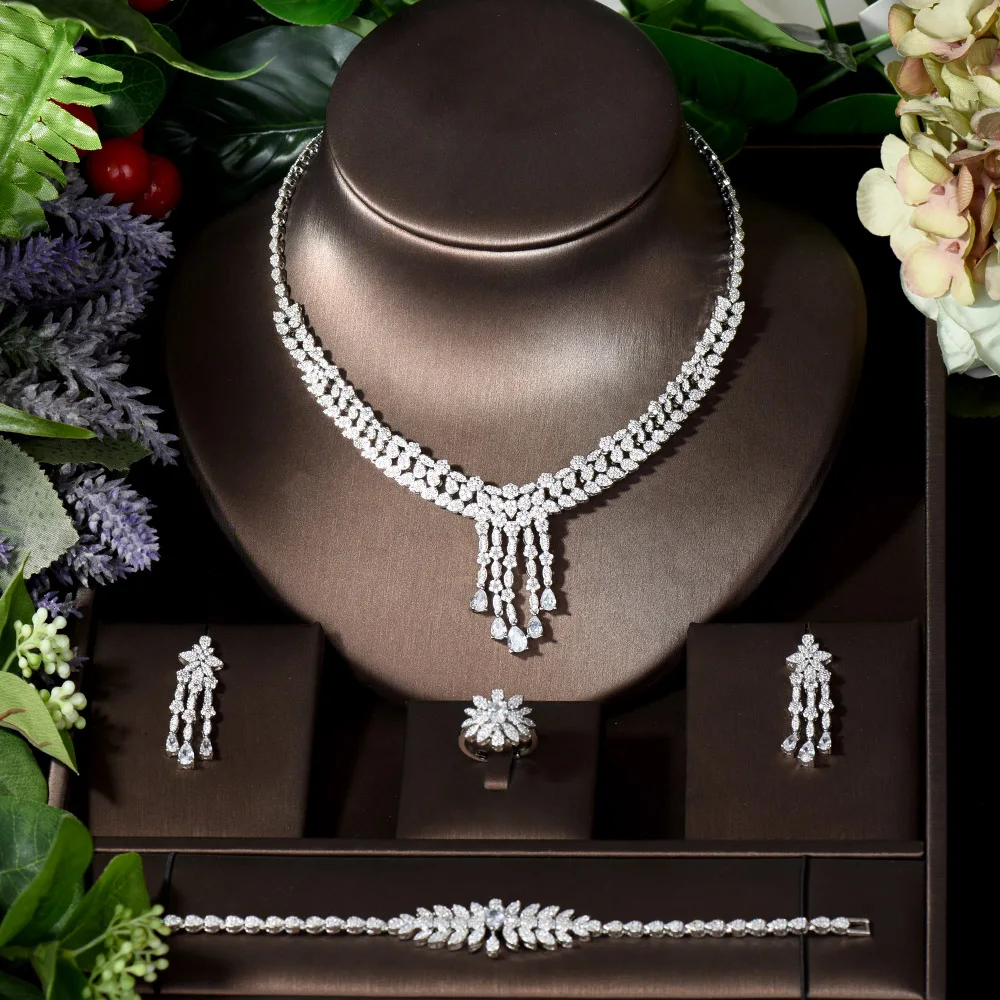 Fashion Long Tassel Water Drop Earring Necklace Set Cubic Zirconia Dubai Jewelry for Nigeria Women Bridal Wedding Sets N-1242