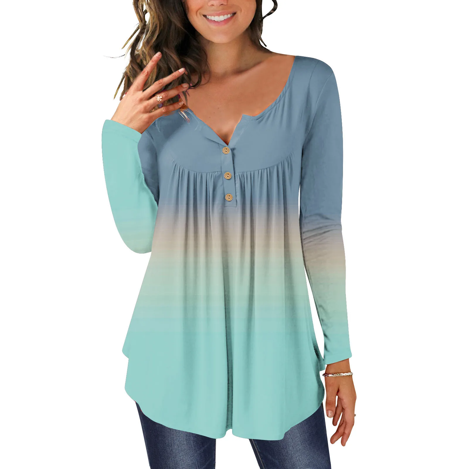 

60s Womens Fashion Women Casual Gradient Print V Neck Buttons Long Sleeve Flare Tunic T Shirt Blouse Tops Womens Shirts Large
