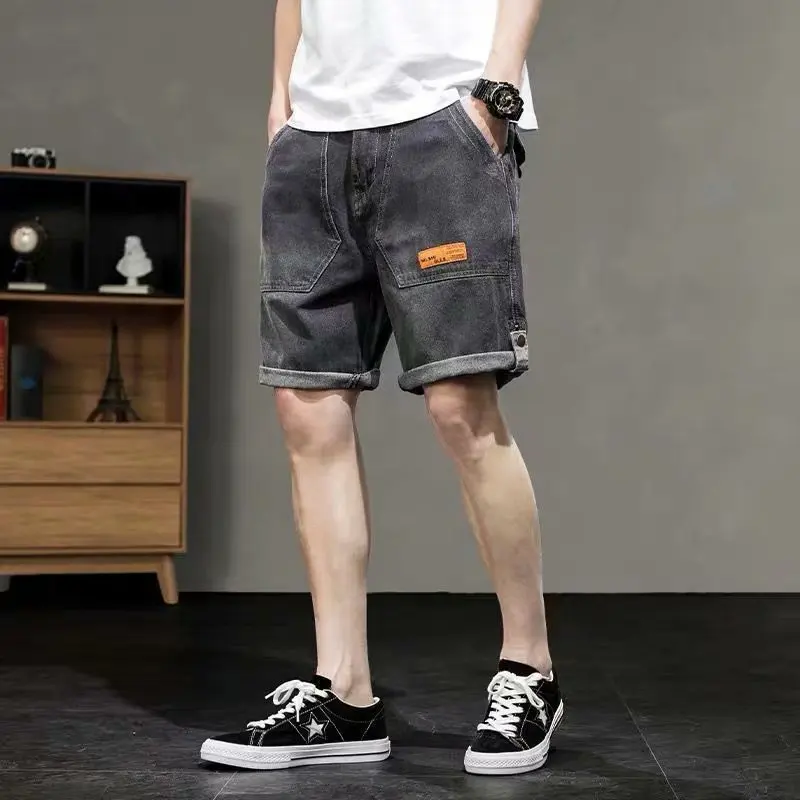 Streetwear Vintage Denim Shorts Men Knee Length Jeans Summer Fashion Pocket Stitching Jeans Men Mid Waist Denim Straight Shorts