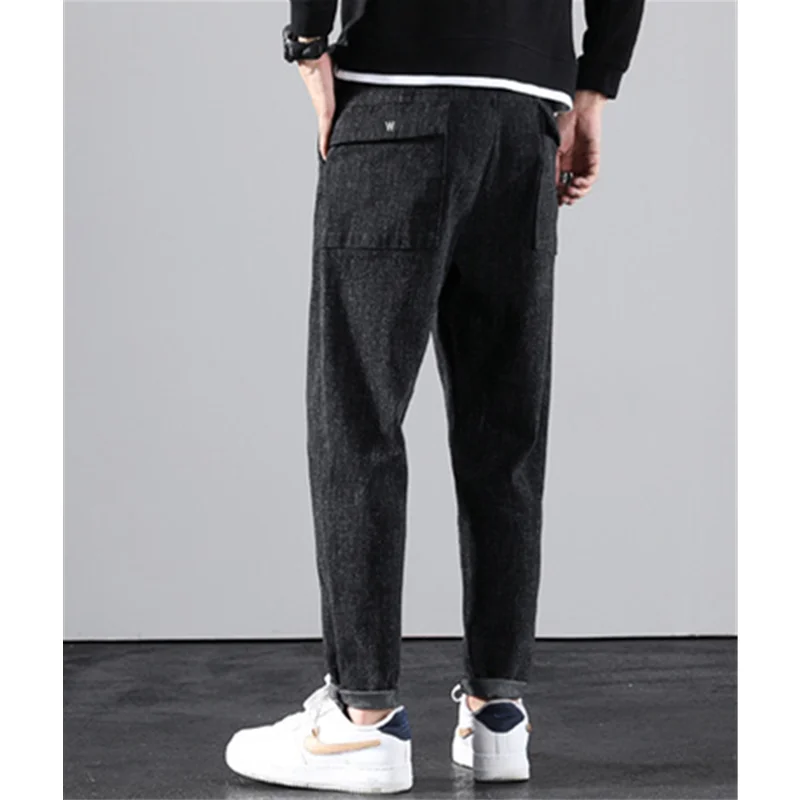 Fashion New Style Men's Brushed Jeans Loose and Tight Waist Autumn and Winter Small Straight Cylinder Black Casual Pants Female