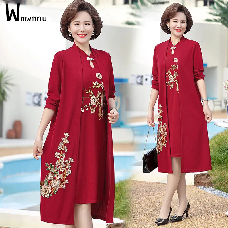 

Women Floral Embroidery Dress Outfits Ladies Cheongsam Robes 2 Piece Sets Femme Short Sleeve Long Coat+Straight Vestido Mom Suit