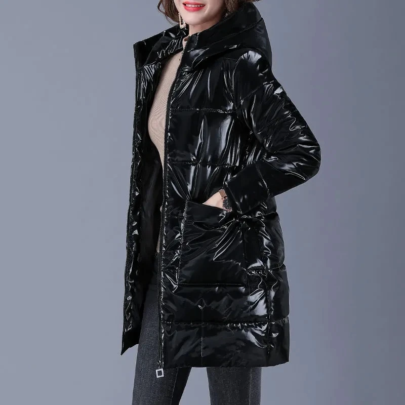 

KMETRAM Winter Cotton-padded Jacket Women Clothing Hooded Korean Fashion Shiny Mid-length Parkas Warm Female Cotton Jacket Lq