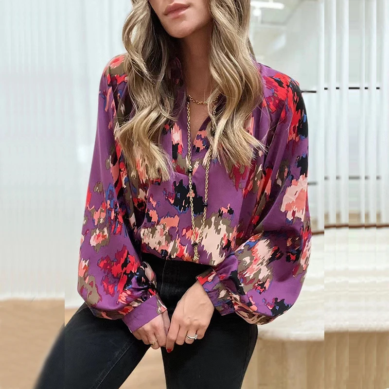 

Women Vintage Shirt Fashion V-neck Blouse 2023 Women's Abstract Printing Lantern Sleeve Top Causal Loose Fit Femeal Blouses