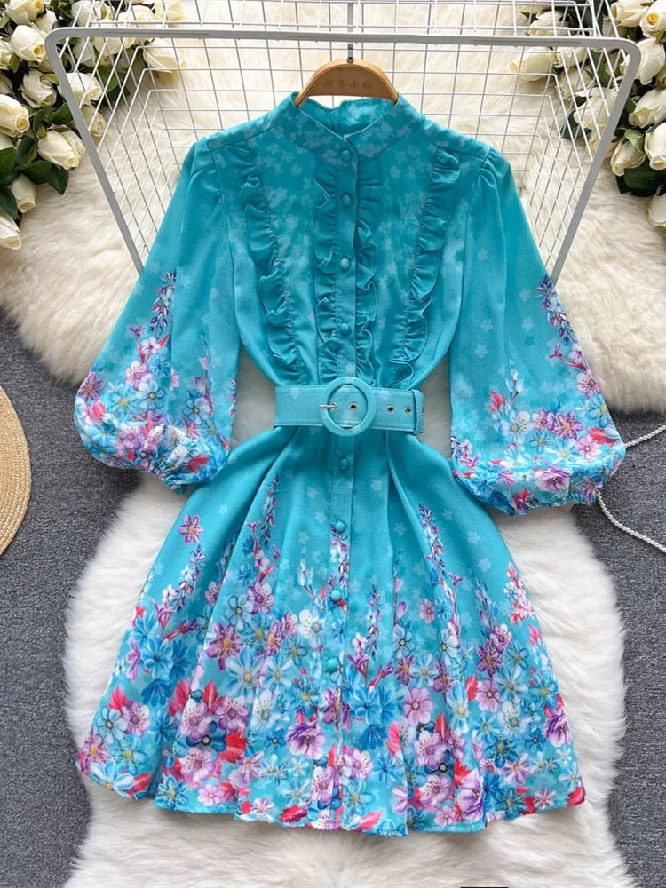 

Women Clothing Ruffles Stand Collar Lantern Sleeve Flower Print Belted Blue Mini Vestidos Runway Summer Holiday Short Dress