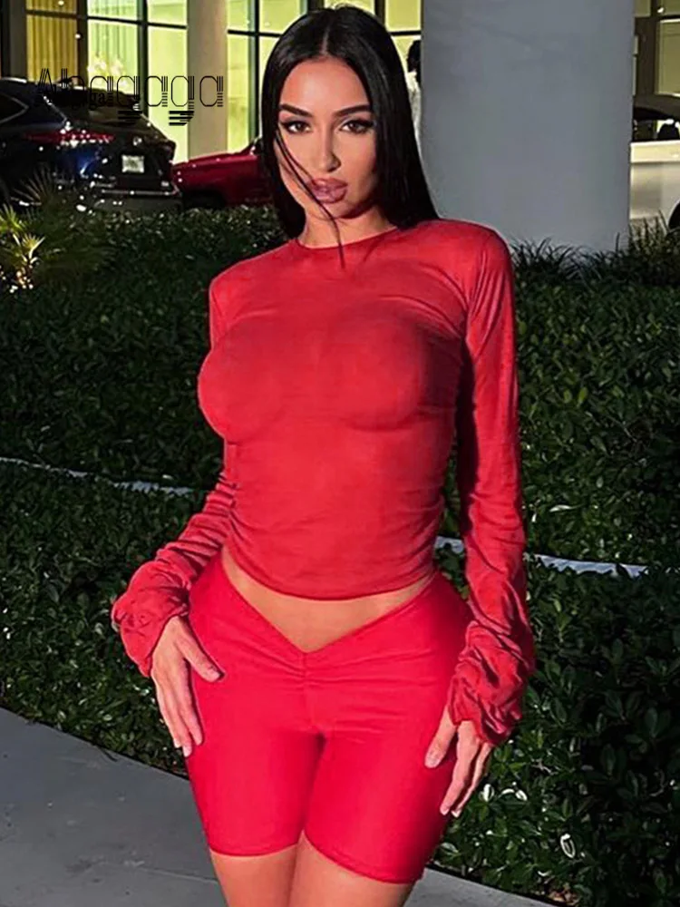 

Ahagaga Fashion Sexy Women Suits Sets Streetwear Regular Casual Solid Fold O-neck Full Sleeve Slim Skinny 2-pieces Tops+ Shorts
