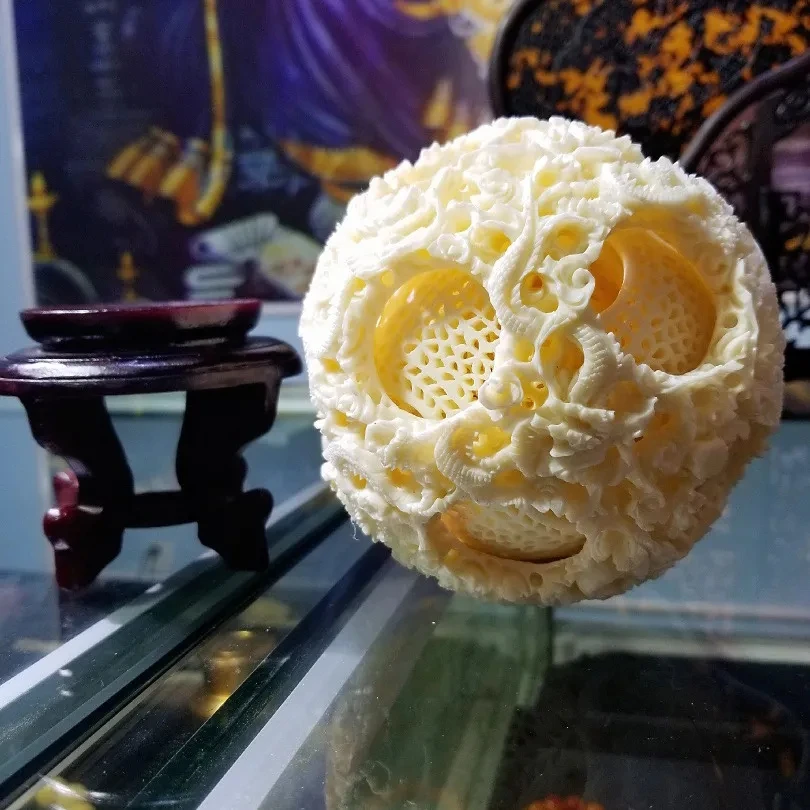 Natural Mammoth Ivory Dragon Phoenix Chengxiang Twelve Story Ghost Work Ball Decoration Antiques Collection Home High-End Decora