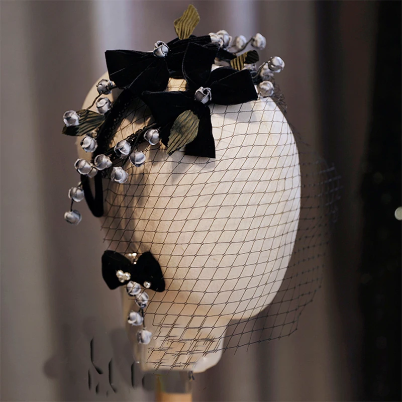 

New French retro lily of the valley floret black bow bride gauze headband studio dress style piece Hair Accessories