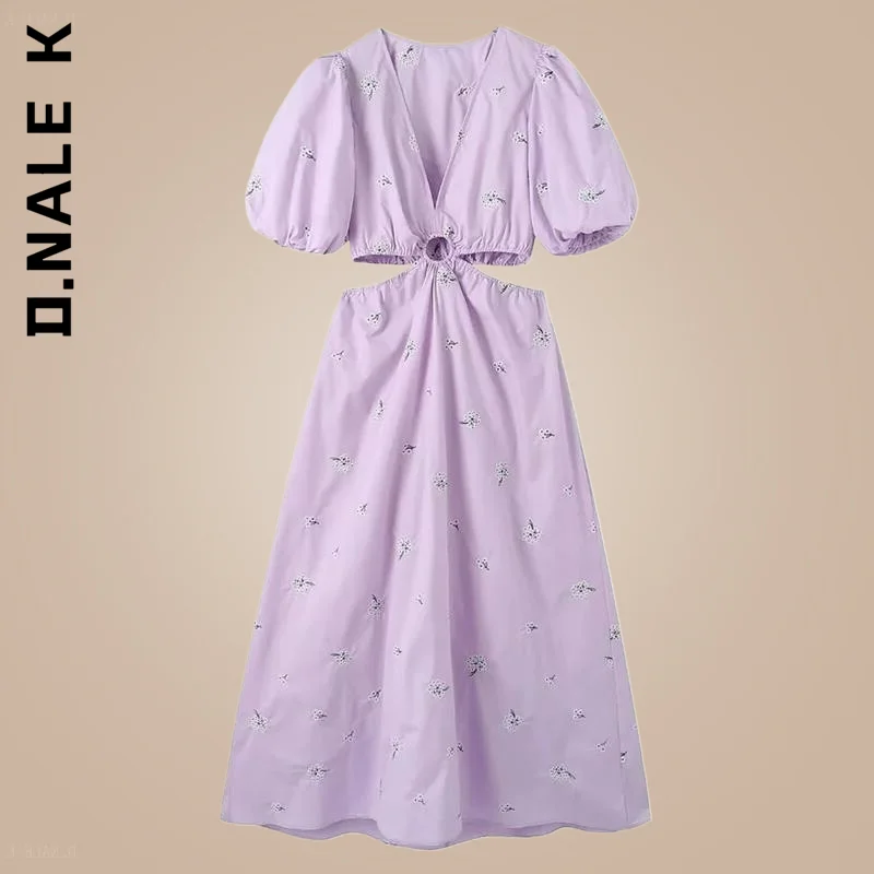 

D.Nale K Puff Sleeve Backless Female Dresses Vestidos Women Fashion Floral Embroidery Poplin Hollow Out Midi Dress Vintage