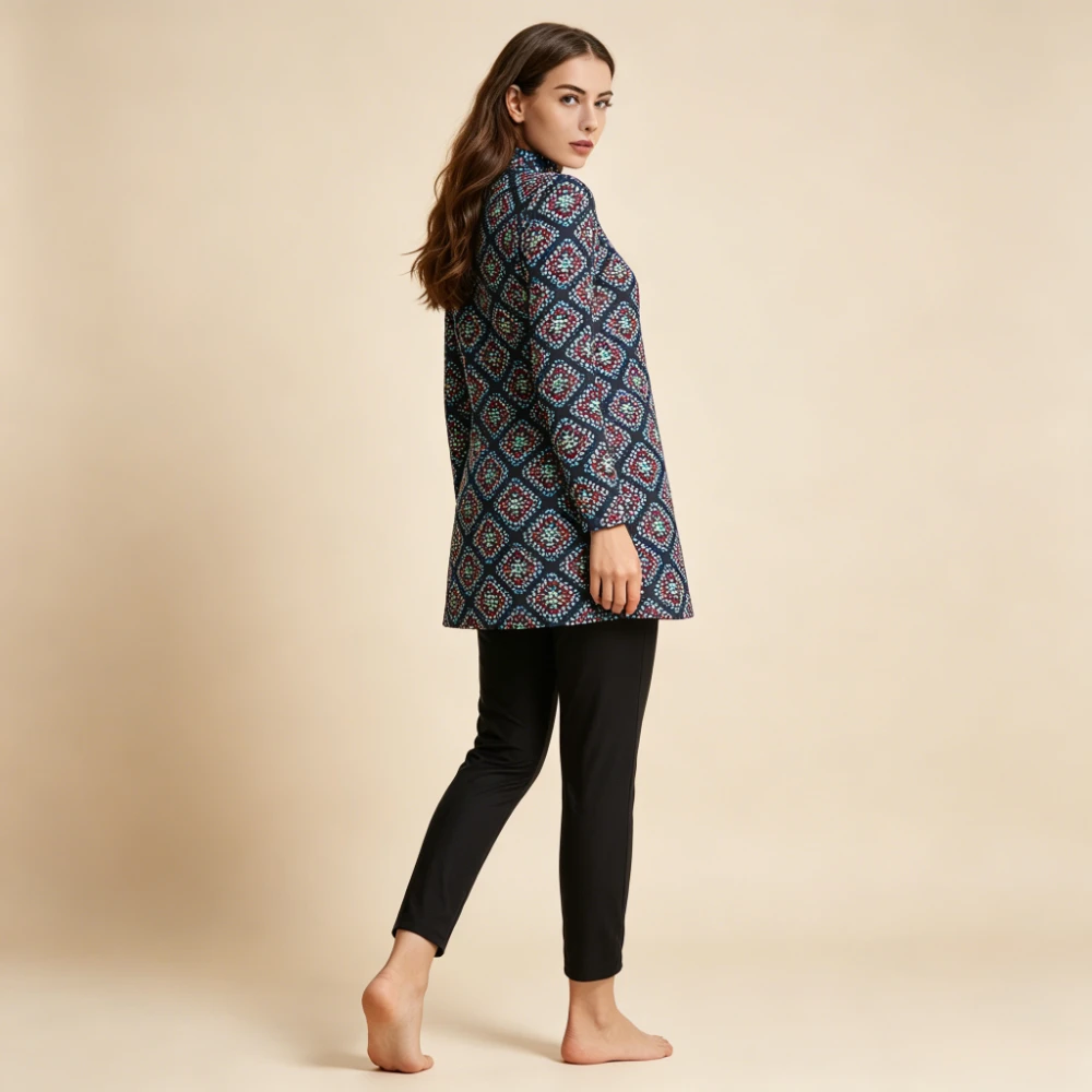 Фото Новый комплект буркини из 3 предметов: туника с длинными рукавами на молнии, брюки и шапочка, UPF50+, консервативный мусульманский купальник для пляжа и плавания №4