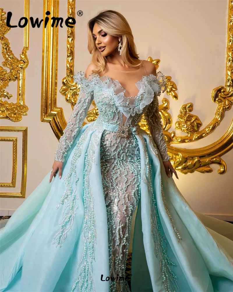

Gorgeous Blue Evening Dress Prom Gown With Detachable Skirt Dubai Arabic Party Dress Custom Made With Applique Beading 2023 Robe