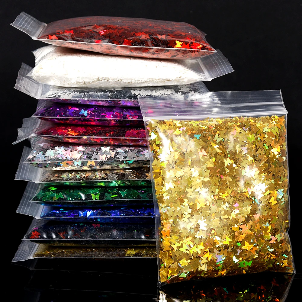 Лазерные блестки для ногтей в виде бабочки 12 цветов 5 мм