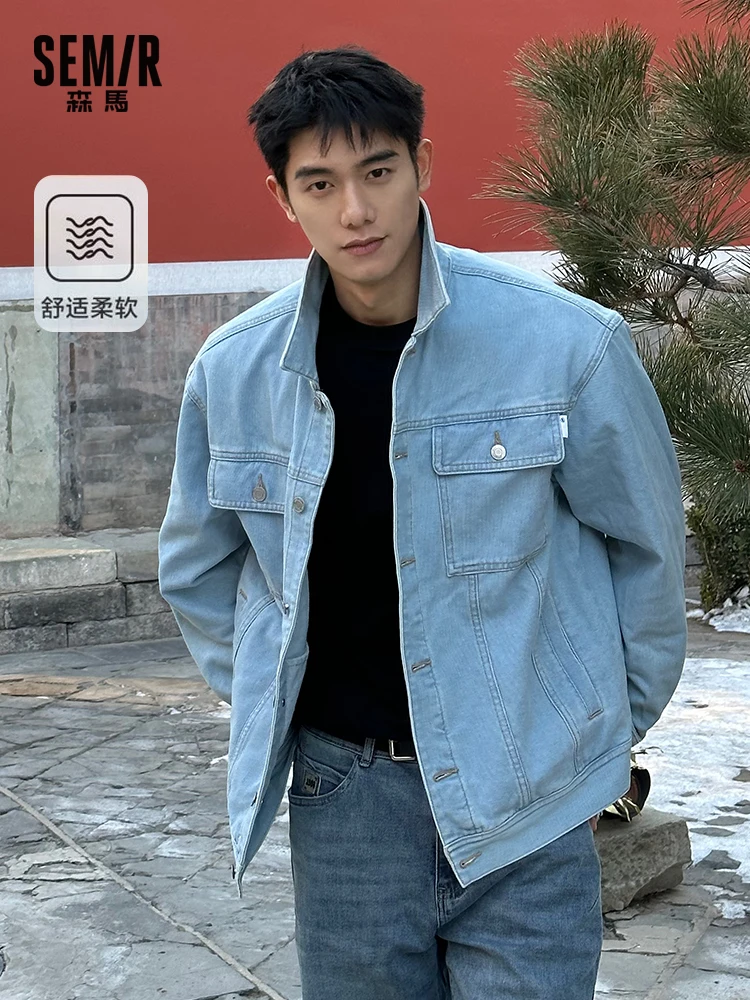 Senma Denim coat Men's 2024 Autumn New Retro Lapel Cargo Jacket Denim Clothing Fashion Brand Spring and