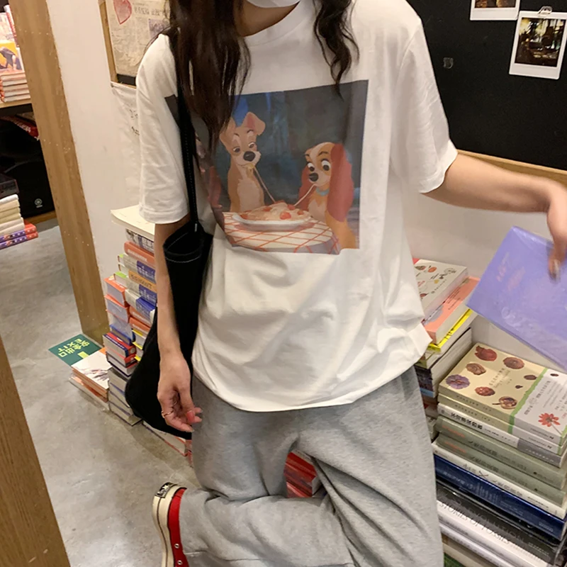 

New Summer Y2k Streetwear Women T-shirts With Short Sleeves Funny Cartoon Puppy Big Print Tee Blusas Cotton Blouses Ropa Mujer