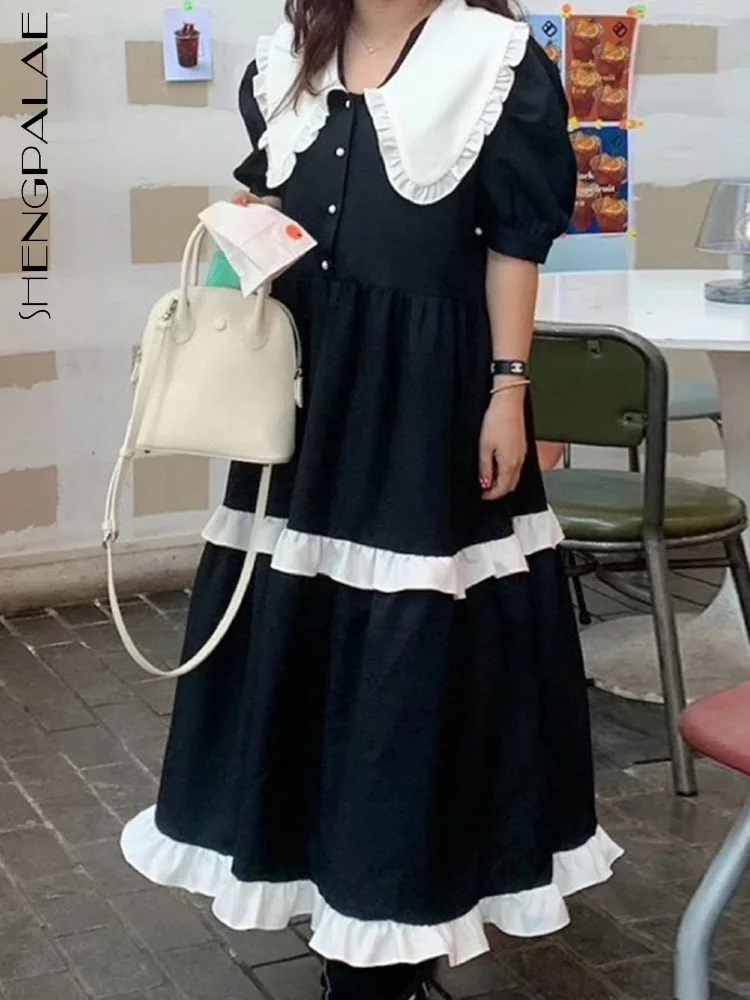 

SHENGPALAE корейский шик воротник Питер Пэн лоскутное съедобное дерево гриб однобортное свободное платье с рукавами-пузырьками 2022 Лето 5Q13