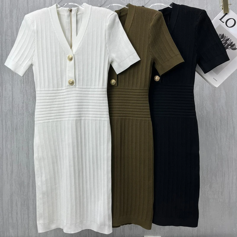 2023 Top Quality Spring Summer Top Quality Solid White Black Khaki Golden Buttons Slim Mini Knit Dress
