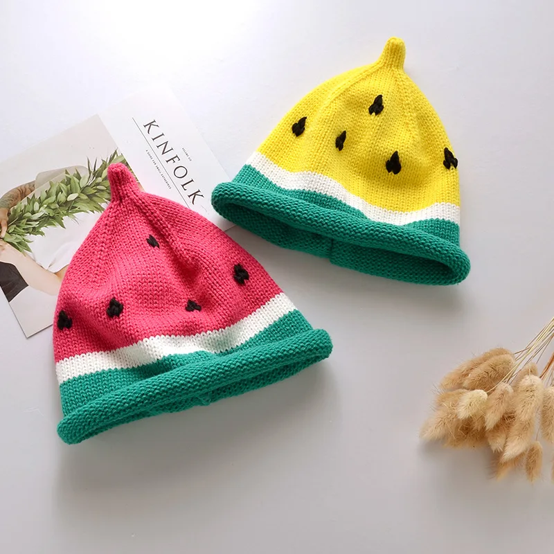 

2022 New Cute Knit Watermelon Hats For Kids Handmade Curling Children Winter Warm Hat Soft Comfortable Girls Boys Beanie Cap