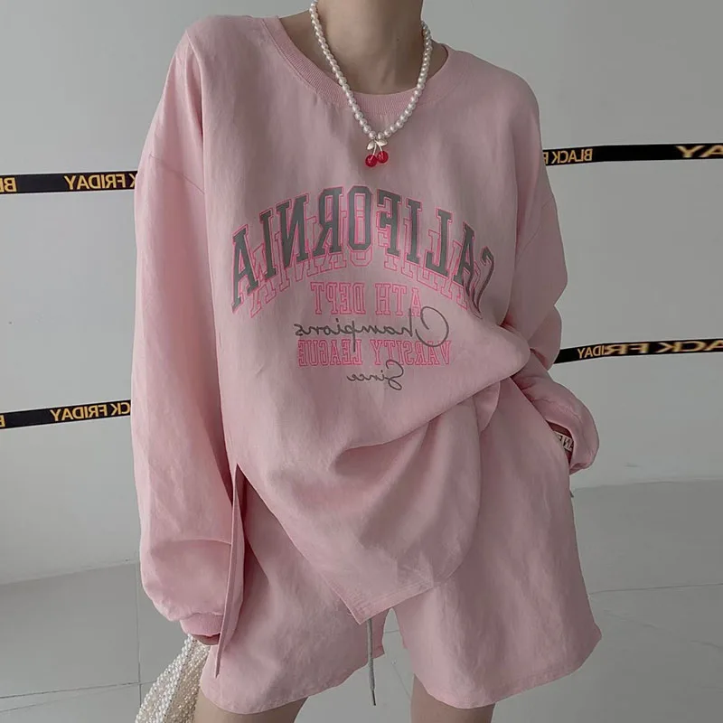 

Clothland Women Elegant Letter Print Blouse Shorts Suit Tracksuit Loose Long Sleeve Shirt Mini Shorts Two Piece Set TZ445