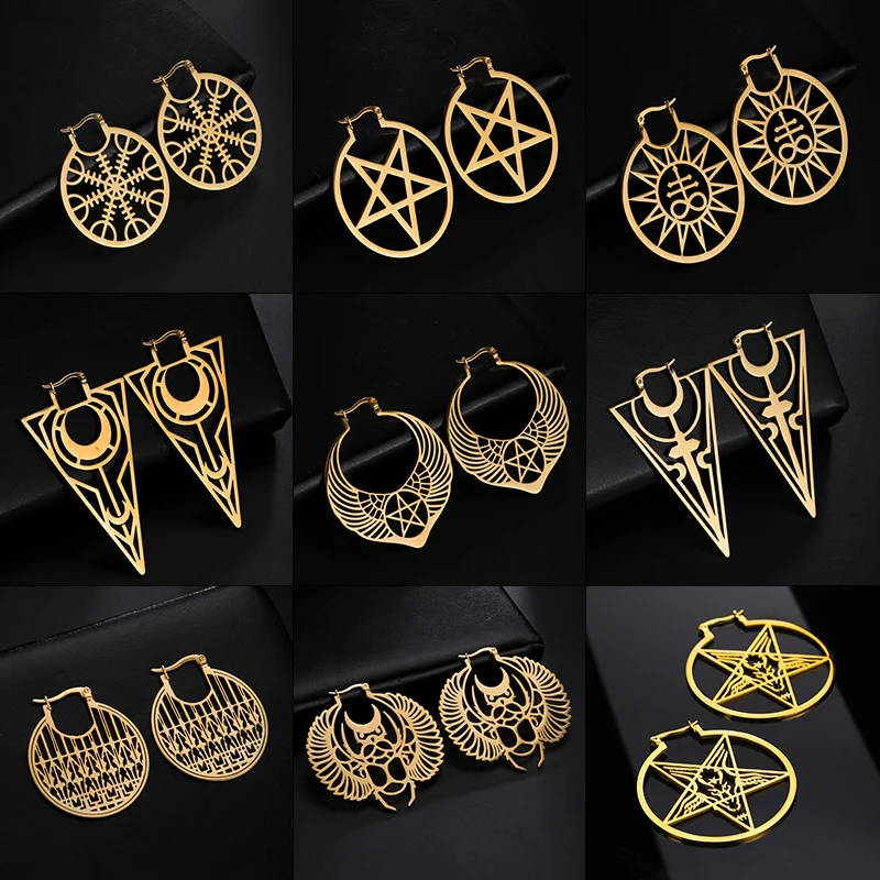 

Stainless Steel Punk Gothic Star Pentagram Filigree Celtic Knot Snaker Bat Cross Hoop Earrings for Women Wicca Amulet Jewelry