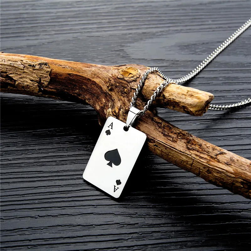

Men Statement Poker Lucky Ace of Spades Pendant Necklace Red Black Silver Color Stainless Steel Jewelry Fortune Playing Cards