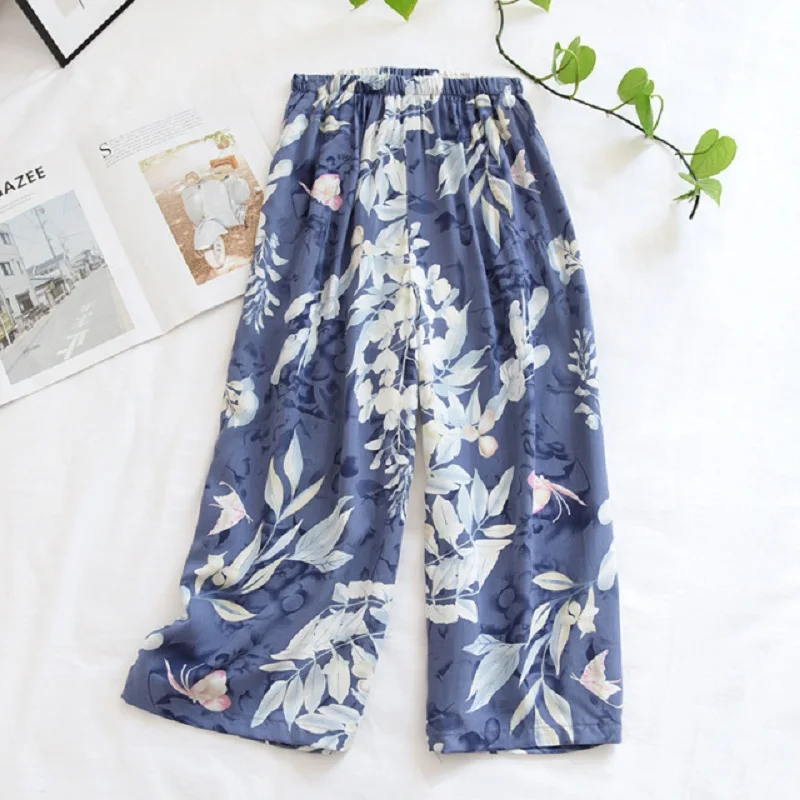 Spring New Wide Leg Cropped Trousers Women Cool Loose Rayon Homewear Ladies Large Size Pajamas Pants With Pockets