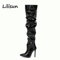 thigh high boots for women black over the knee long boots sexy pointed toe high heels stretch pull on tall boots plus size 42