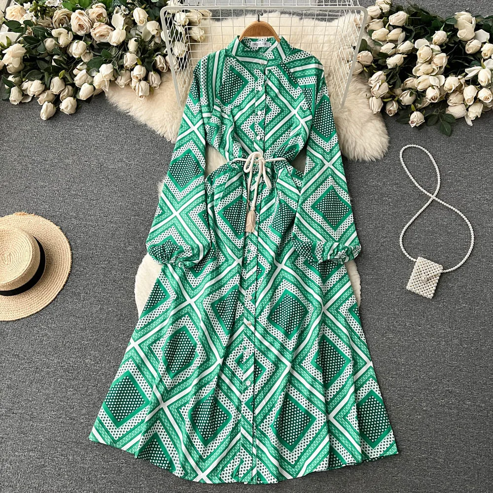 New Fashion Spring Wear Geometric Print Dress Women's Loose Long Sleeved Round Neck Single Breasted Casual Clothes Vestidos K020