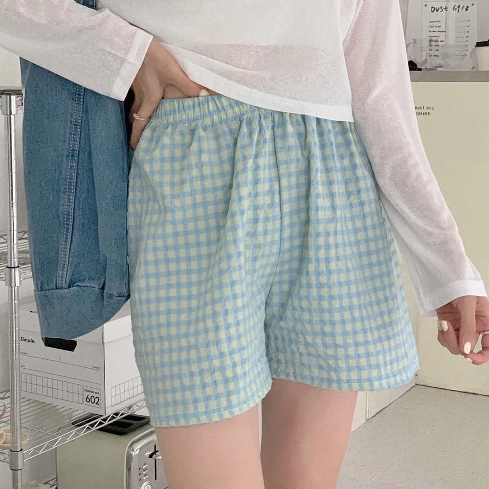 

2023 New Women Shorts Floral Plaid Print Summer Loose Cotton Casual Korean Wide Leg Pant Elastic Waist Shorts Pajama Pants