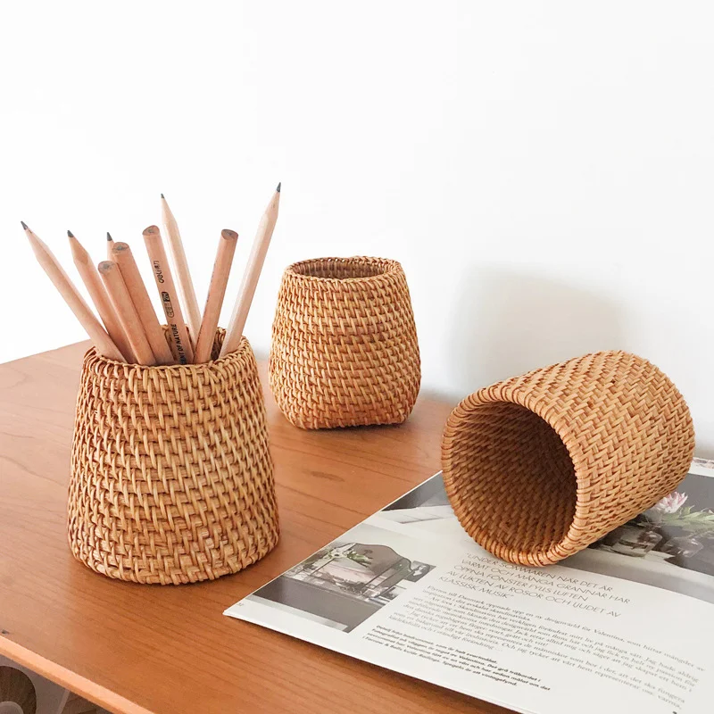 

Handmade Pen Holder Hand Woven Wood Vine Rattan Stationery Container Storage Box Organizer Office School Desk Accessories Decor