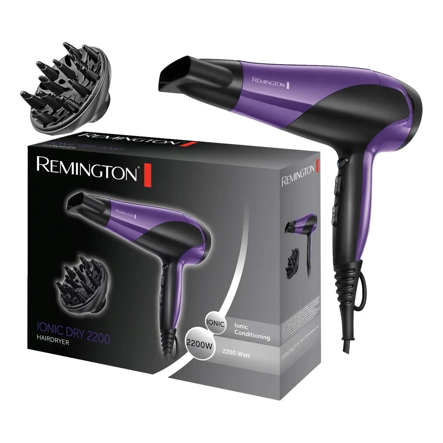 Фен REMINGTON D3190 (Мощность 2200 Вт ионизация 2 насадки 3 температуры скорости)